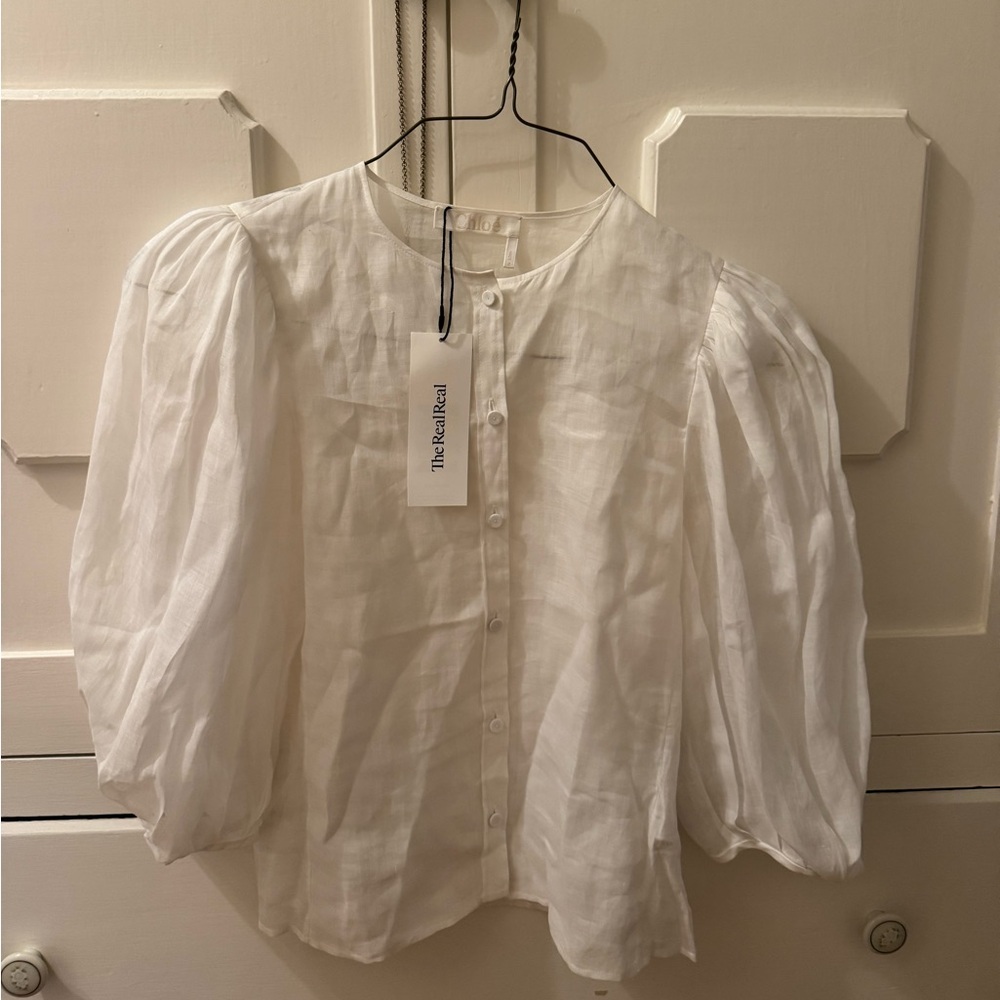Chloe White Button-Down Blouse with Puff Sleeves